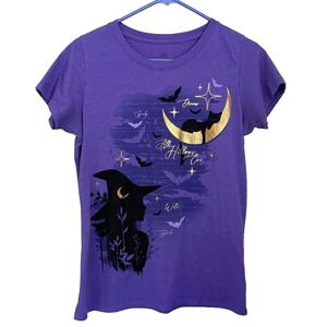 Purple Gold Halloween Tee Top M All Hallows Eve Witch Black Cat Moon Whimsigoth